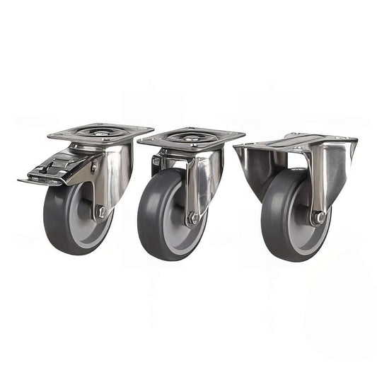 Medium duty plate mounted stainless steel swivel braked castor with grey non-marking rubber tyre for 40-100kg load