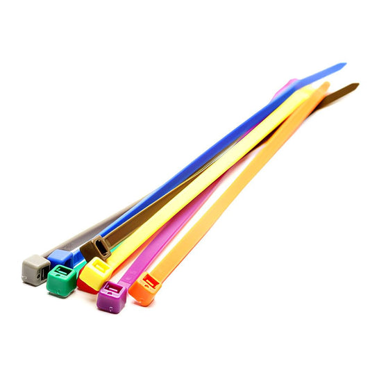 Assorted coloured nylon cable ties in red, blue, green, yellow, orange, silver, purple, and brown for cable bundling and identification