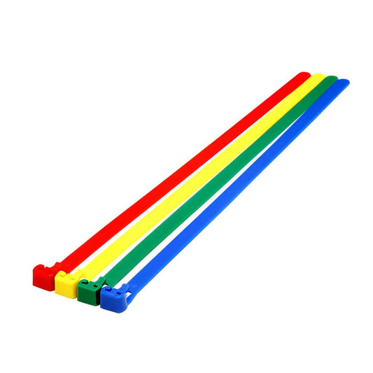 Coloured releasable nylon cable ties in red, blue, green, and yellow for bundle identification