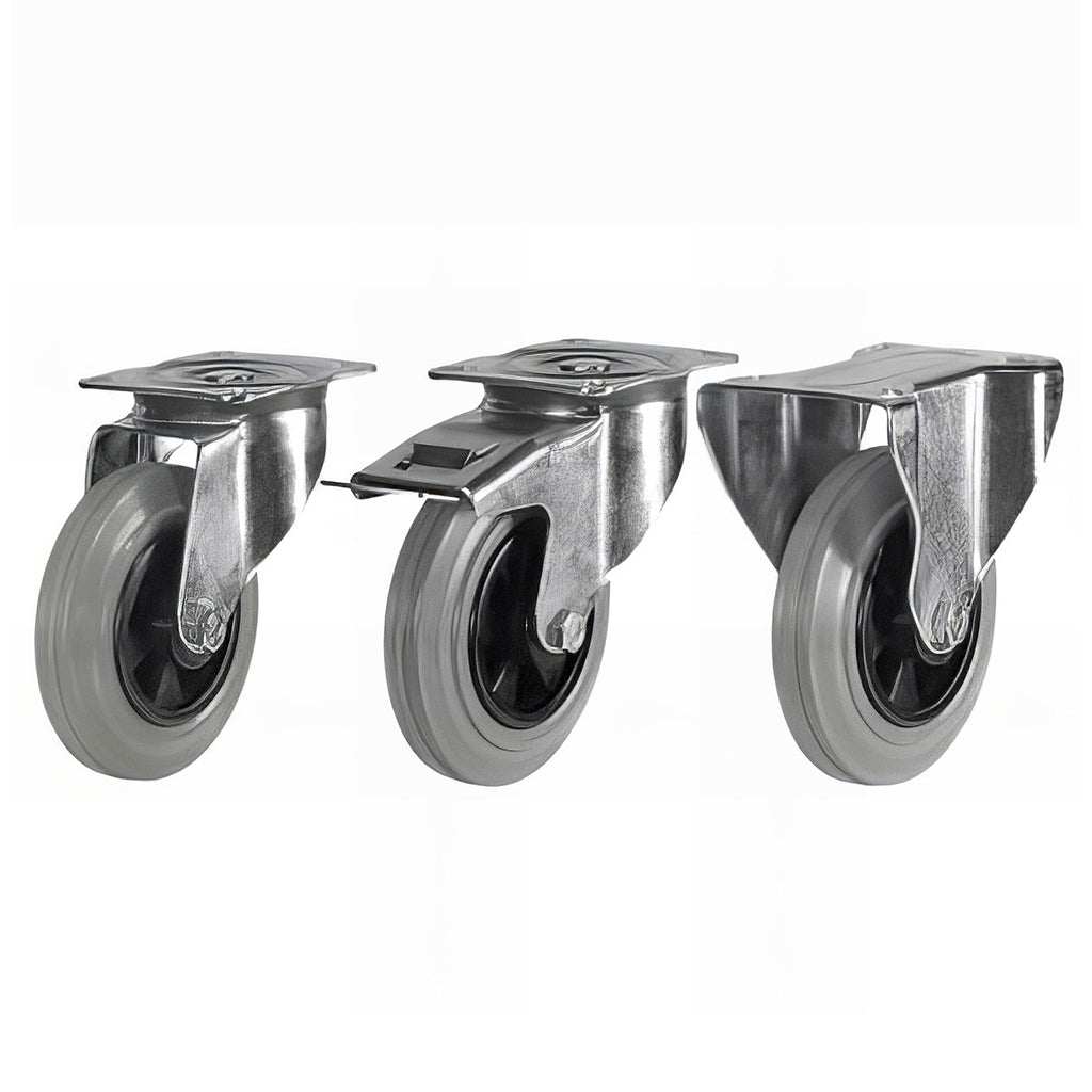 Medium duty plate mount swivel castor with grey rubber tyre and plastic center, 65-205kg rating