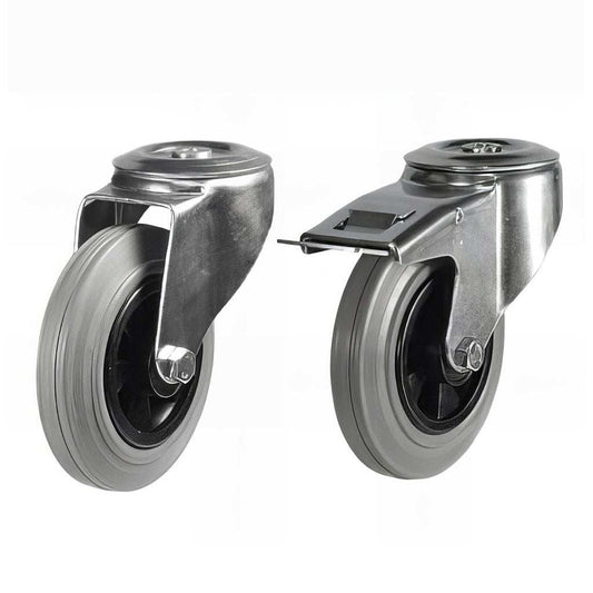 Medium duty single bolt hole castor with grey rubber tyre and plastic center, zinc-plated steel bracket, 65-205kg capacity
