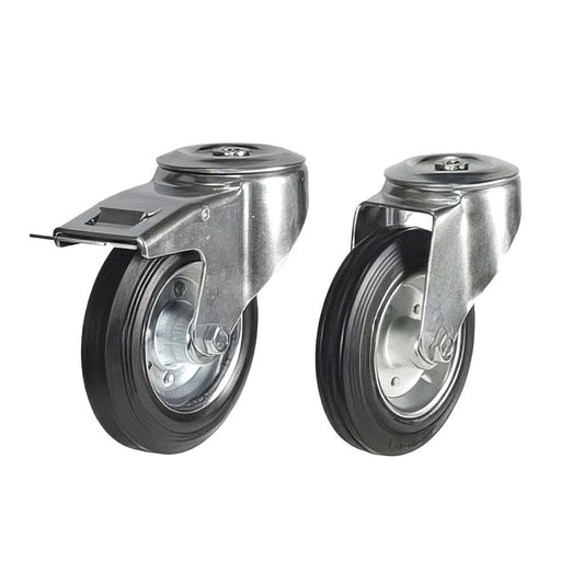 Medium Duty Single Bolt Hole Castors with black rubber tyre and steel centre for smooth, quiet ride and up to 205kg load capacity