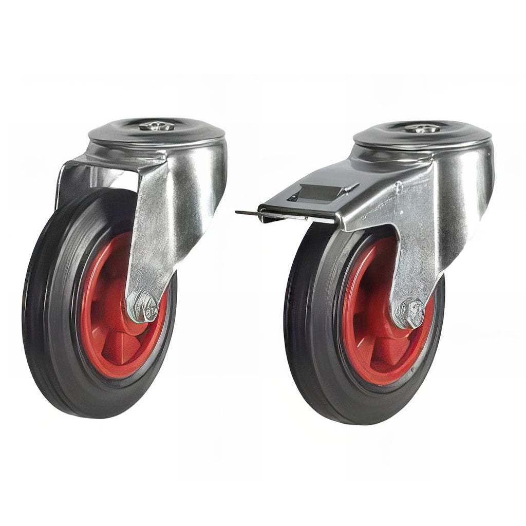 Medium duty single bolt hole castor with black rubber tyre and red plastic centre designed for smooth, quiet operation and up to 205kg load capacity