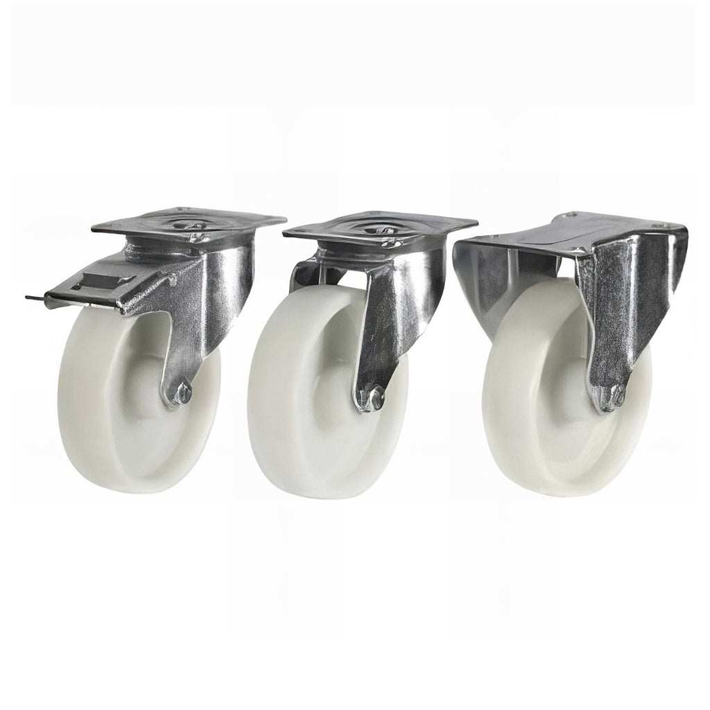 Medium duty plate mounted polypropylene castors with 150-220kg load capacity and pressed steel bracket