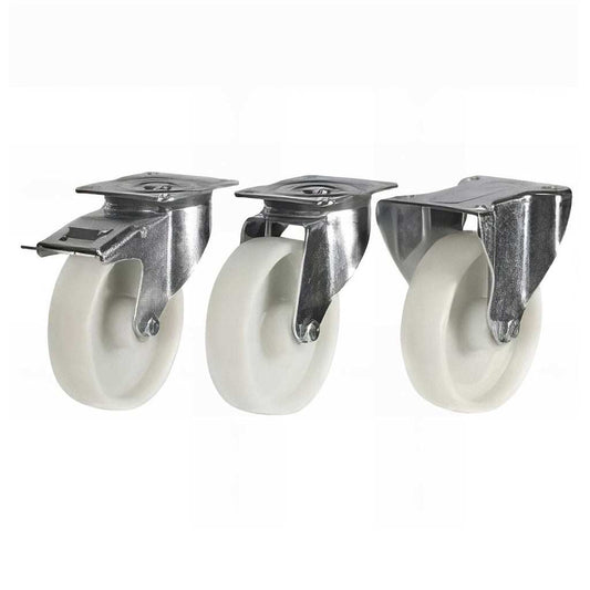 Medium duty plate mounted nylon castors with pressed steel bracket and nylon wheel, 80-125mm size, up to 220kg capacity