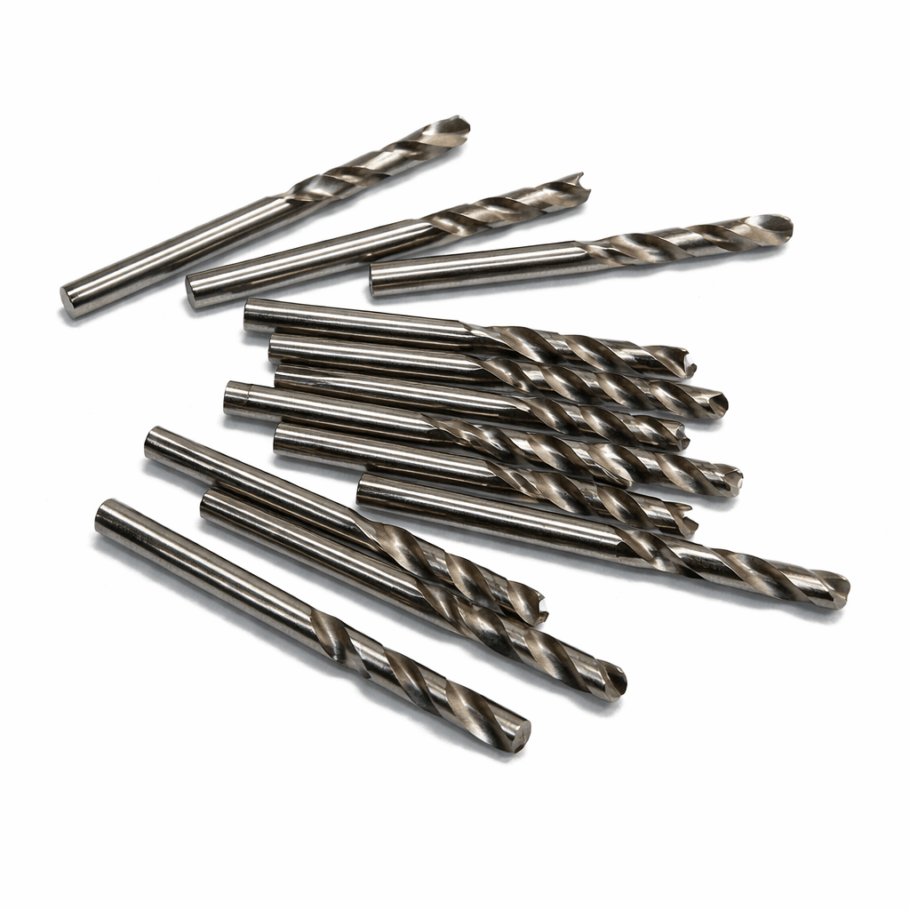 HSS stub drill bits in various sizes made of high-grade steel with standard helix and 135° point for hand held drilling on metal and plastics