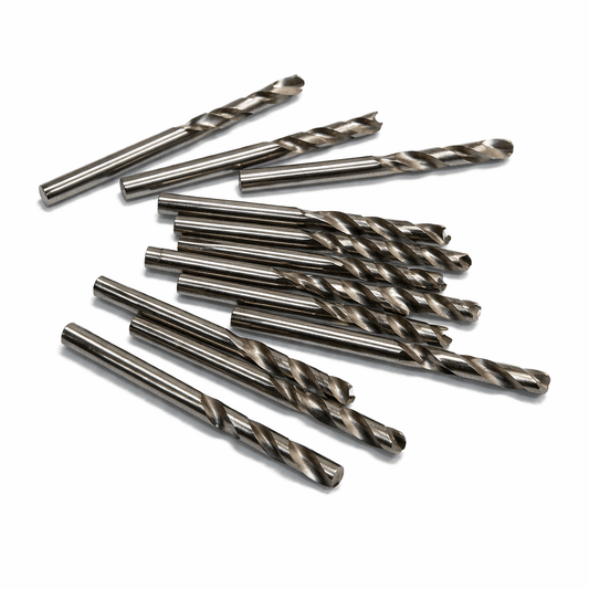 HSS stub drill bits in various sizes made of high-grade steel with standard helix and 135° point for hand held drilling on metal and plastics
