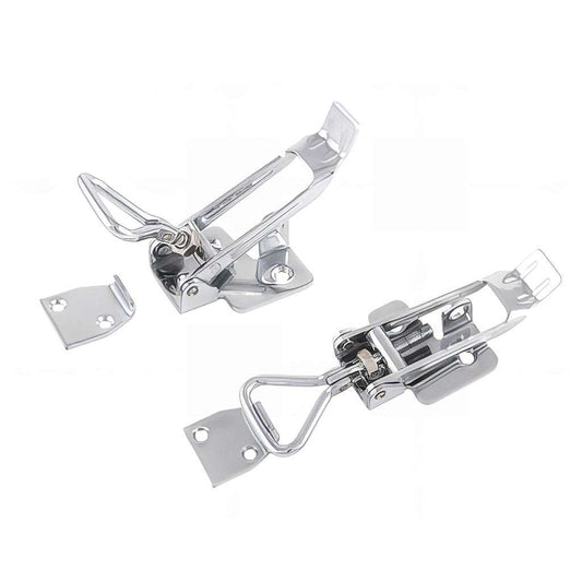 Stainless steel adjustable toggle latch with catch plate and padlock mount, polished and corrosion-resistant