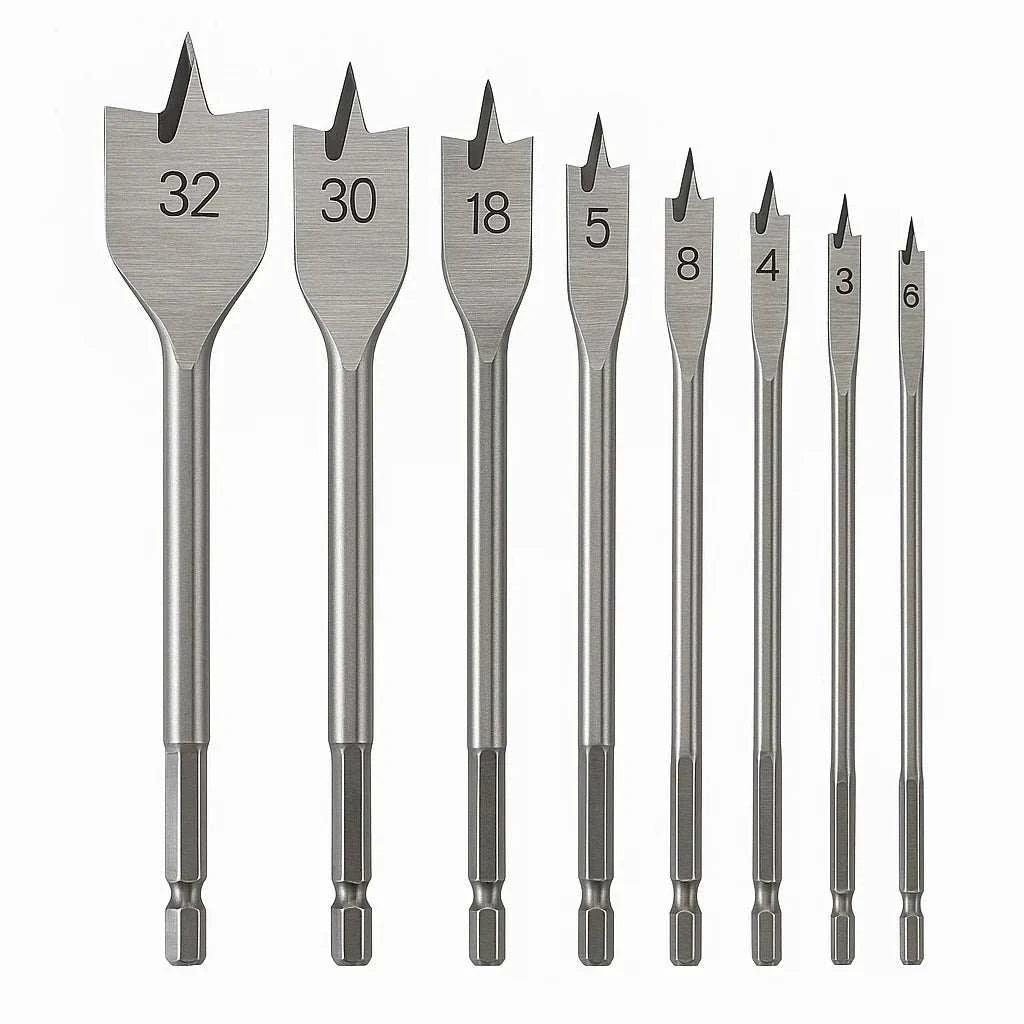 Set of precision machined flat drill bits with 1/4" hex shank, designed for fast, clean holes in wood and compatible with power drills and impact drivers.