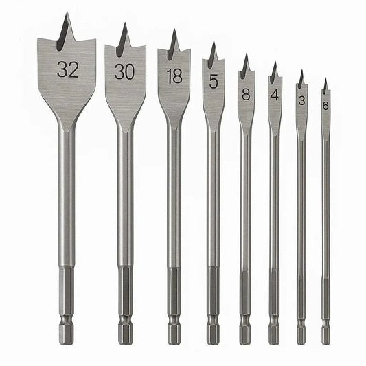Set of precision machined flat drill bits with 1/4" hex shank, designed for fast, clean holes in wood and compatible with power drills and impact drivers.