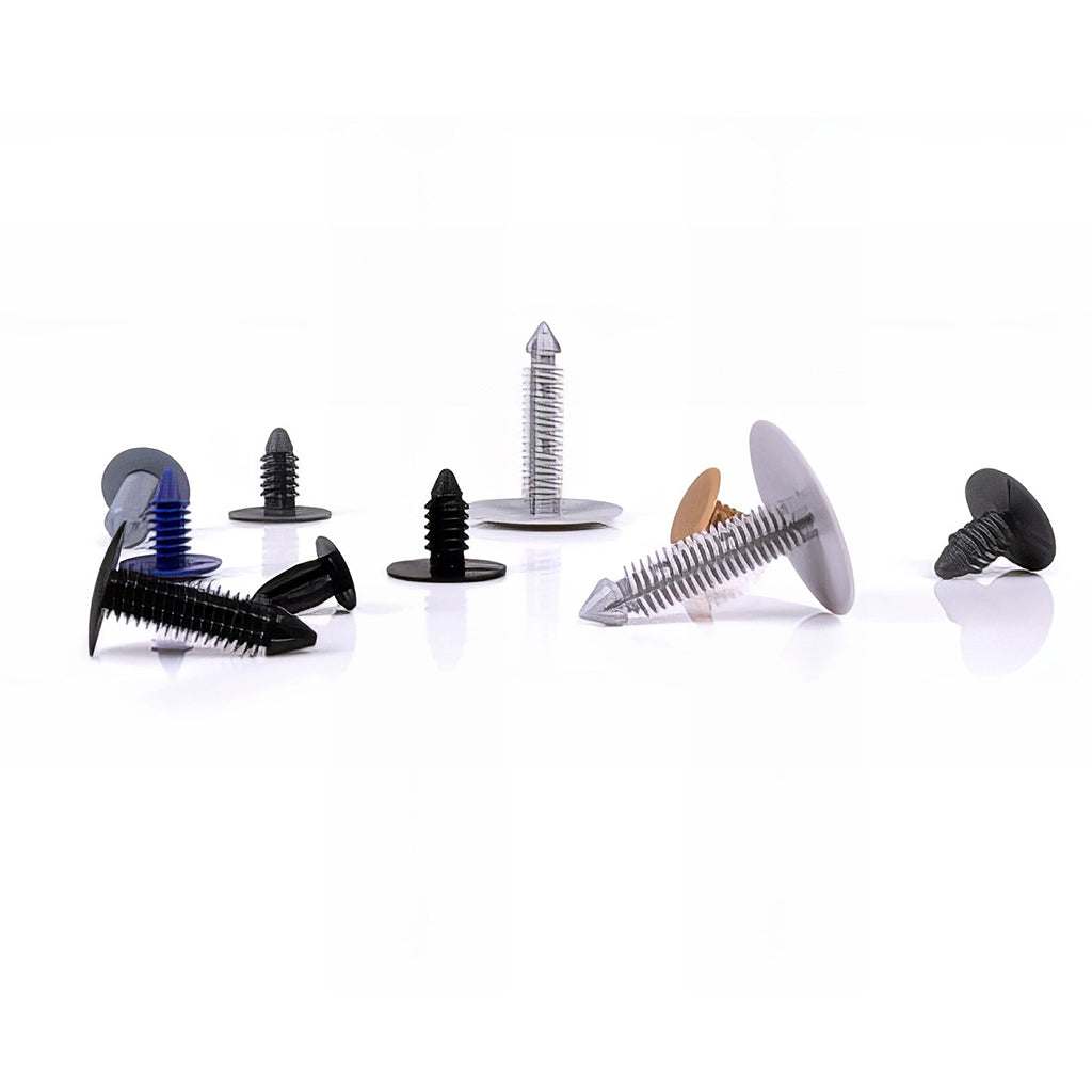 Fir tree panel fastener with flange head and ribbed stem for 3mm to 5mm panels in clear, natural, and black nylon options