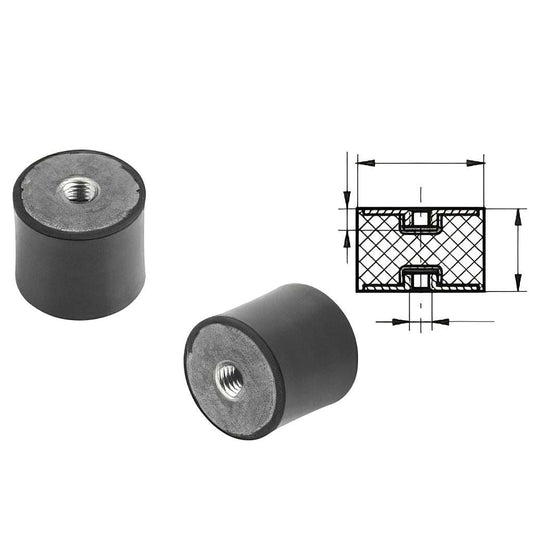 Black rubber anti-vibration mount with female/female threaded fittings and shore hardness A55