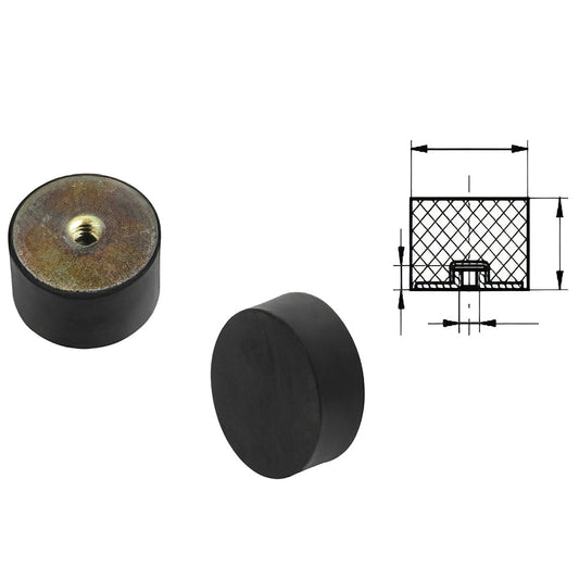 Black rubber anti vibration mount with female threaded fitting and shore hardness A55