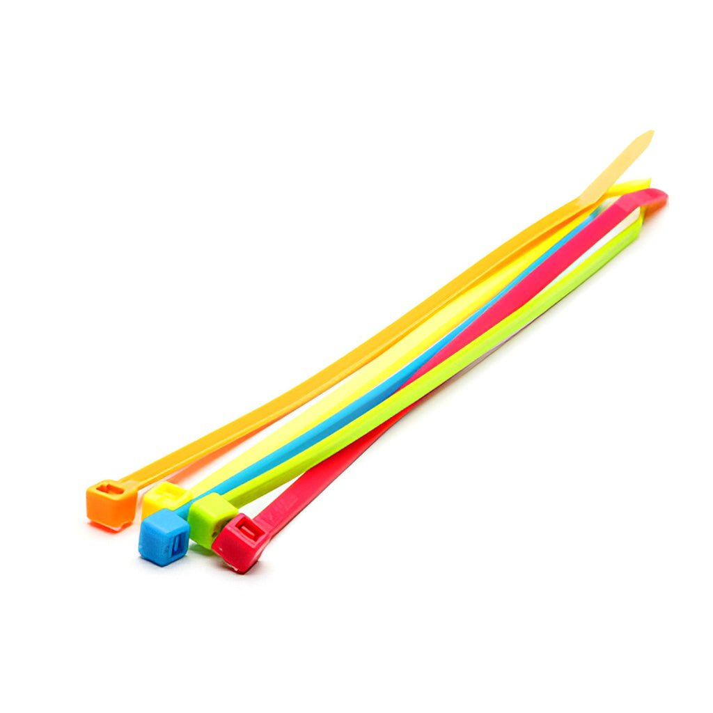 Colorful fluorescent nylon cable ties in multiple sizes showing high tensile strength and durability