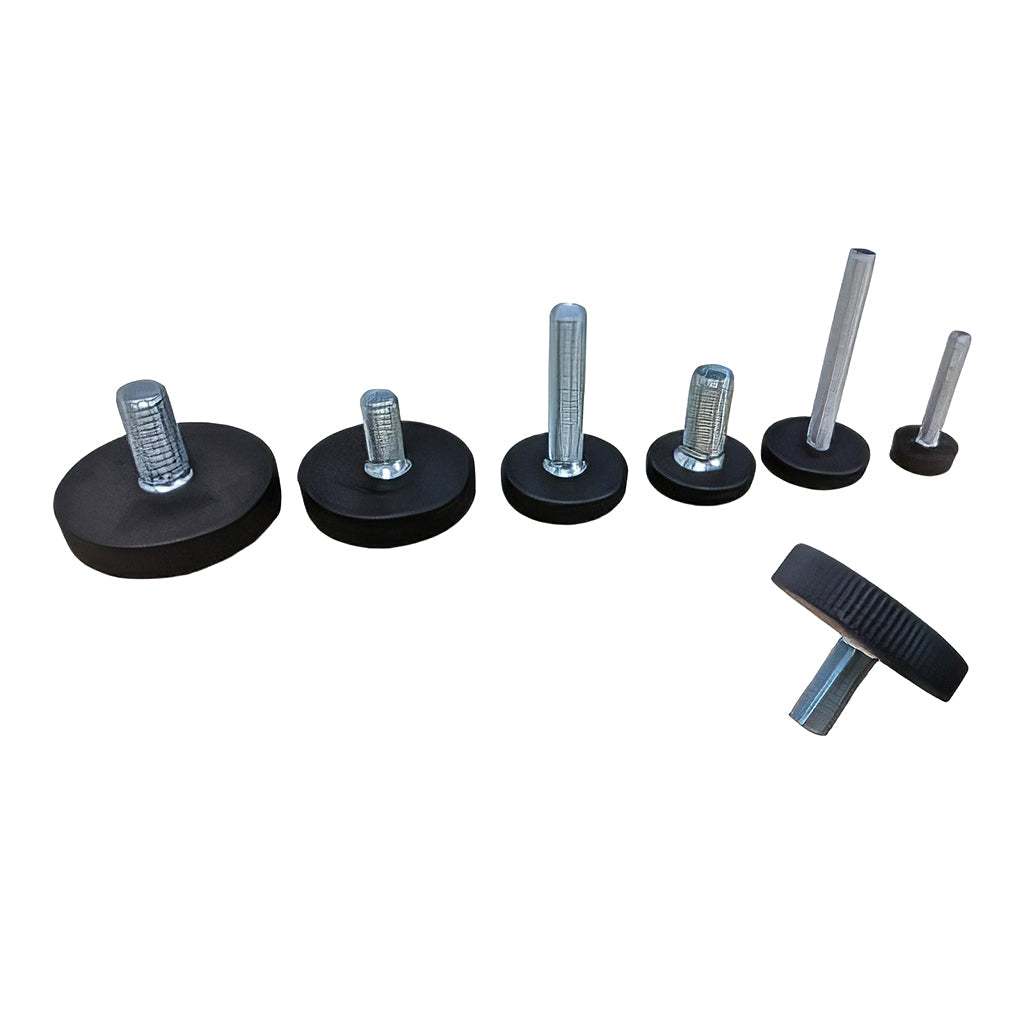 Light duty static adjustable foot with low profile black plastic base and knurled stud