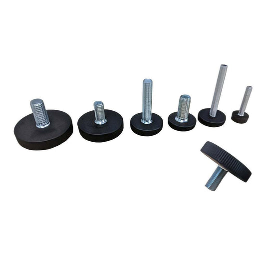 Light duty static adjustable foot with low profile black plastic base and knurled stud
