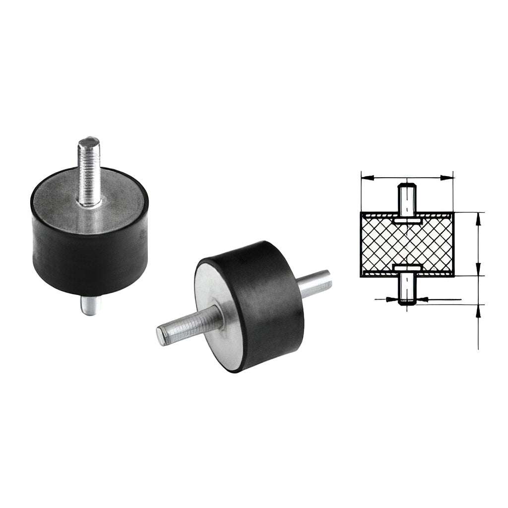 Black rubber anti vibration mounts with male threaded studs and shore hardness A55