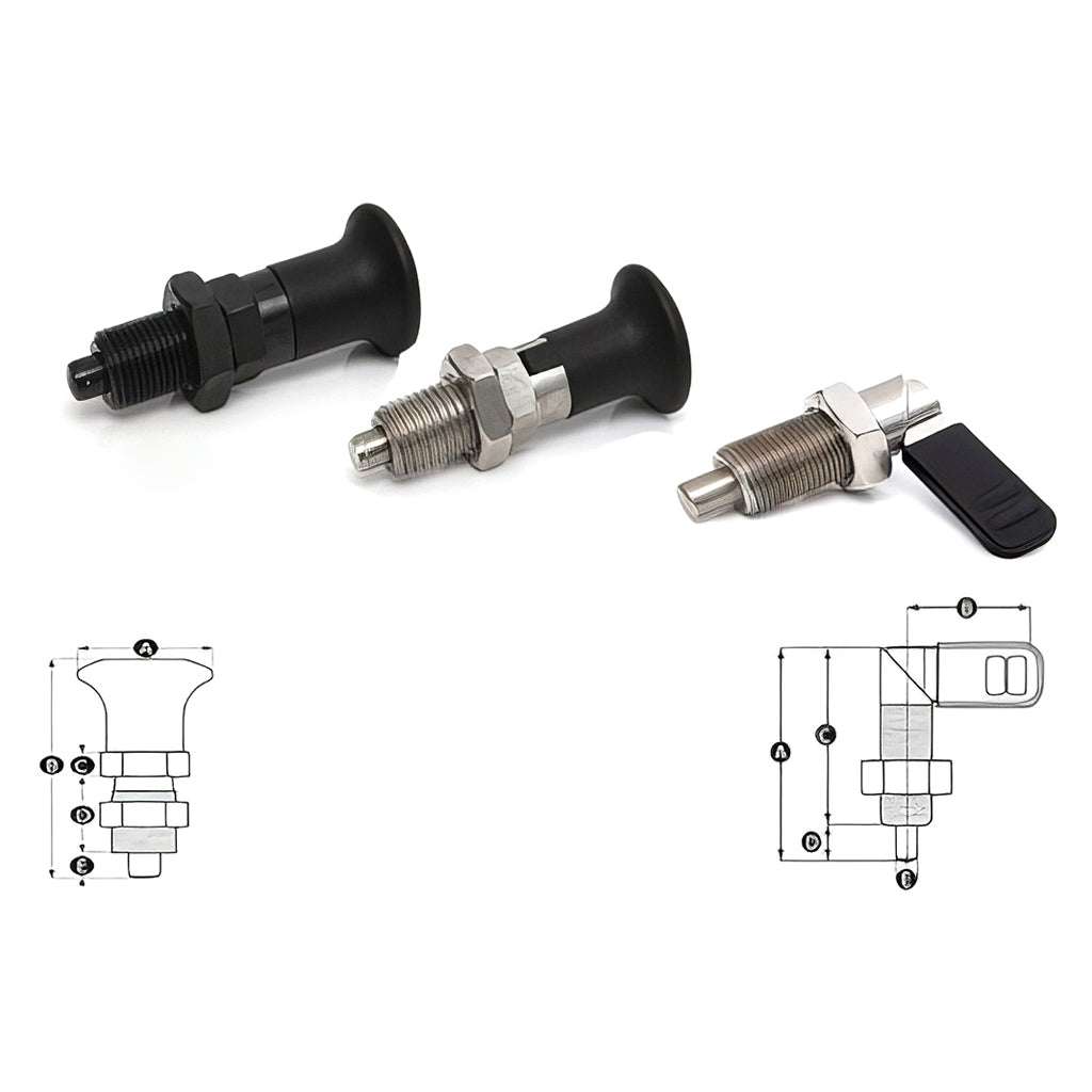 Thread mounted index plunger front panel with push-pull and swing lever action designs