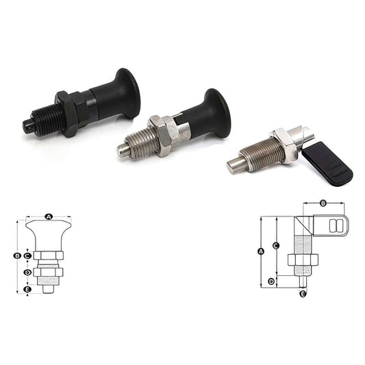 Thread mounted index plunger front panel with push-pull and swing lever action designs