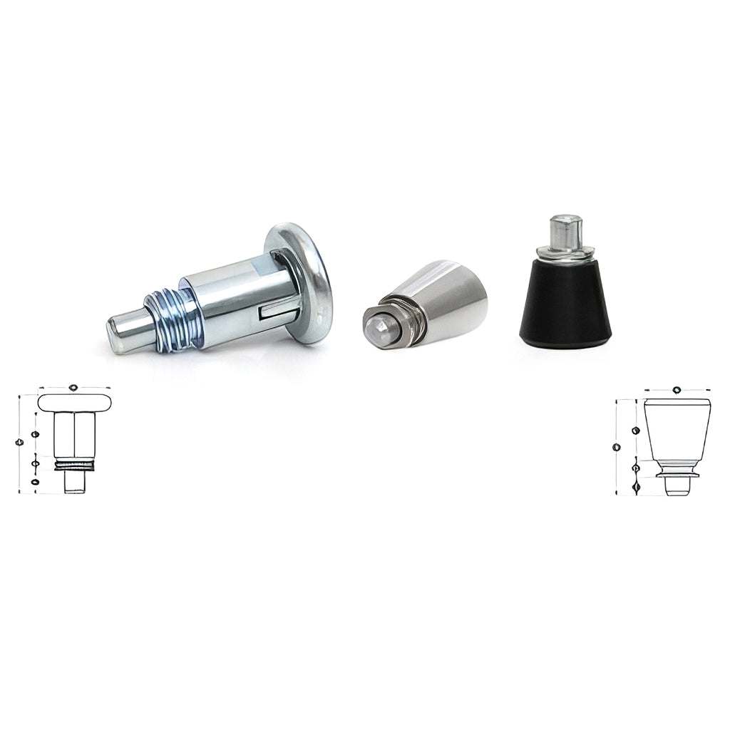Two designs of index plungers in different materials with optional hold open rest positions and front/rear panel mounting options
