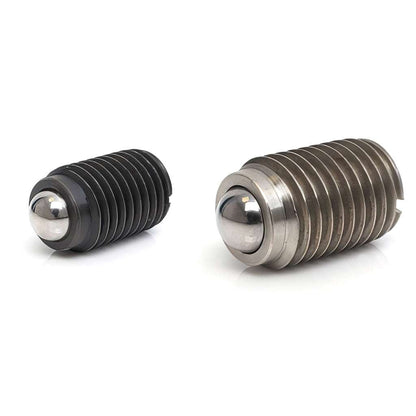 Threaded ball and spring plunger with blackened steel body for secure positioning and locking in machinery and medical devices