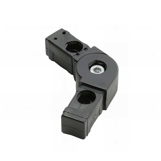 Plastic pivoting square 2 way tube connectors joining adjustable square tubes at various angles