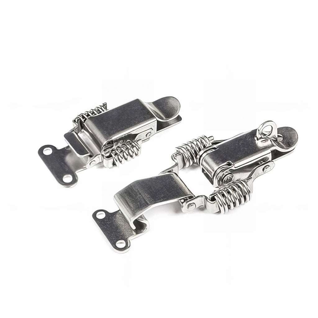 Stainless steel sprung toggle latch with catch plate and spring-loaded variable tension claw