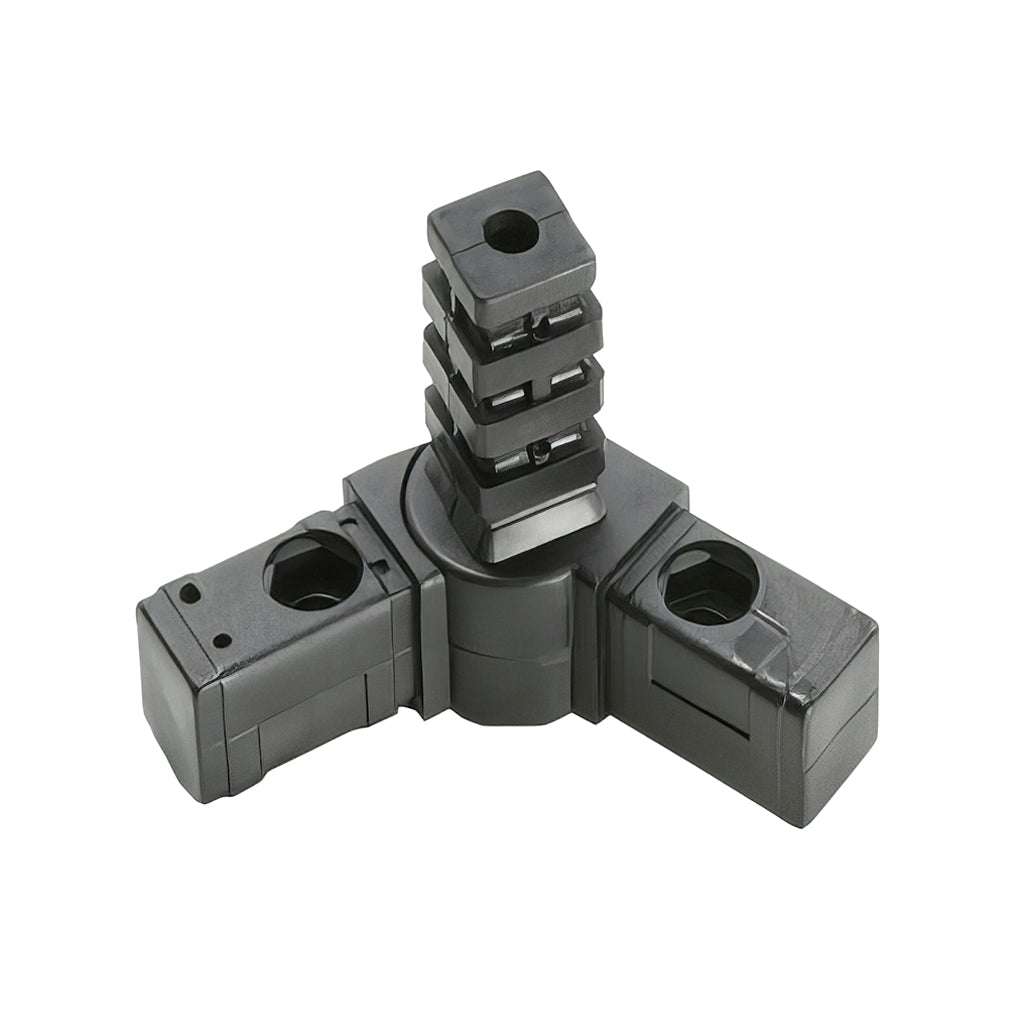 Black plastic pivoting square 3 way tube connector with adjustable hinge for flexible square tube framing