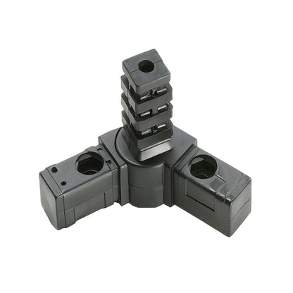 Black plastic pivoting square 3 way tube connector with adjustable hinge for flexible square tube framing