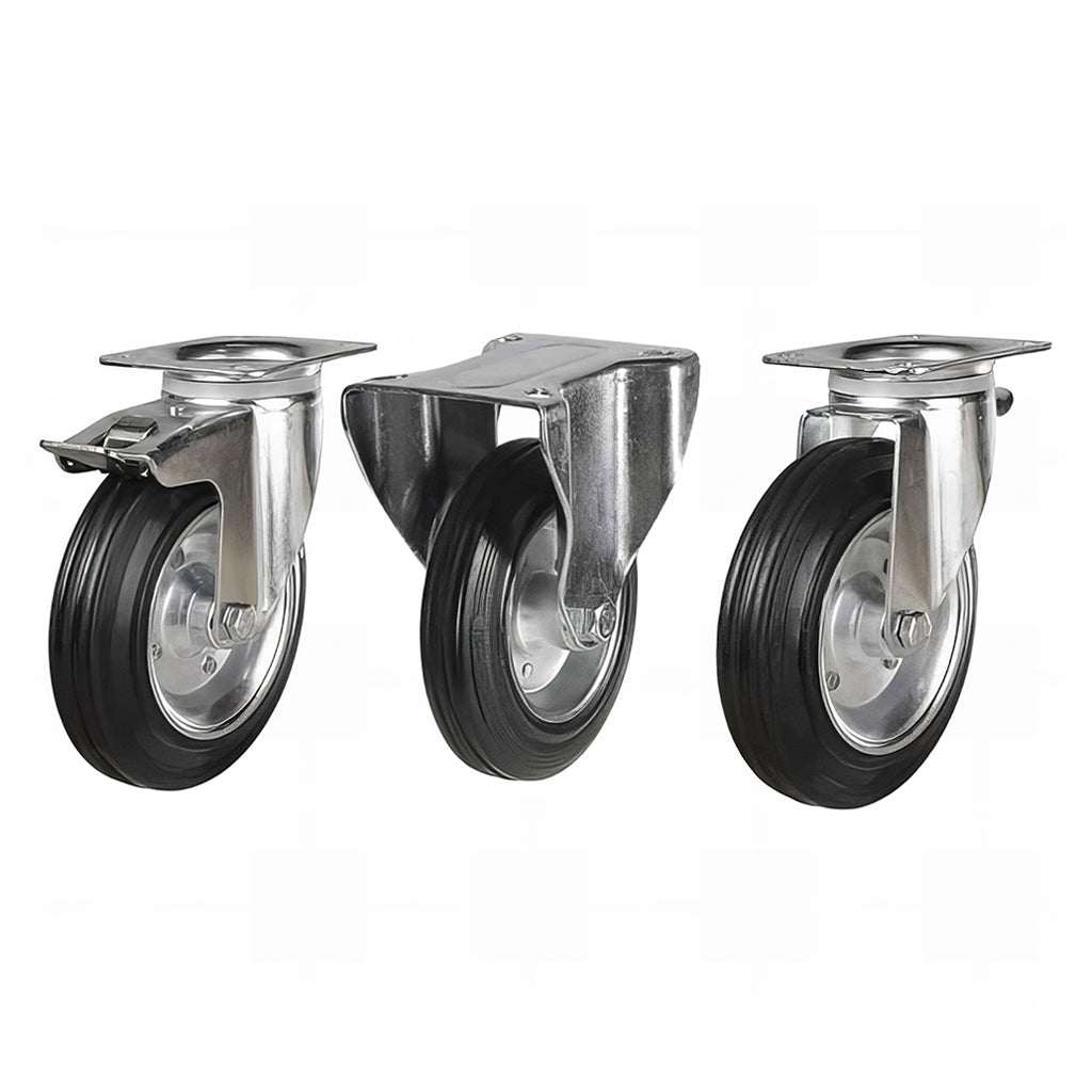 Steel centre waste bin castors with black rubber tyres, 175-205kg load rating, suitable for rough ground.